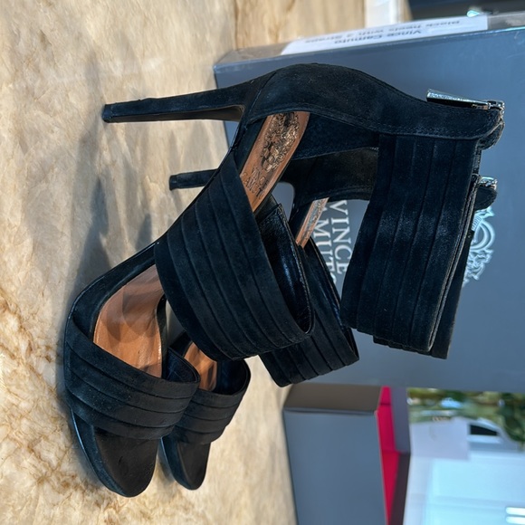 Vince Camuto black heels with three straps. Size 7 1/2. Black suede. - Picture 4 of 4